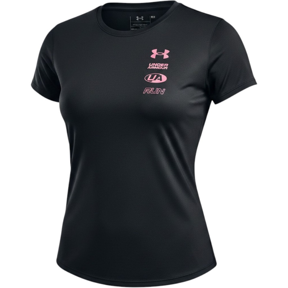 Under Armour Run Womens Black Pink Graphic Mesh Back Performance Tee Shirt LG